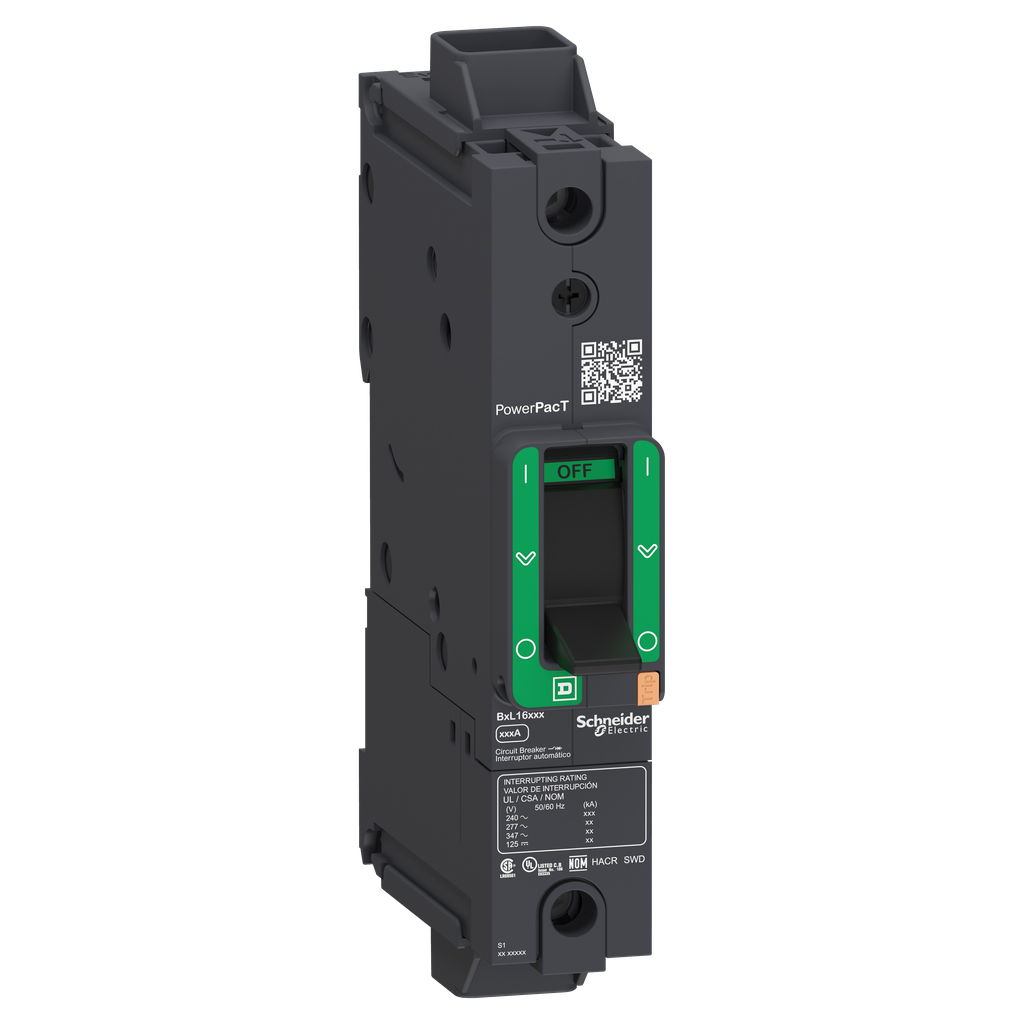 BDL16125 – Circuit breaker, PowerPacT B, 125A, 1 pole, 600Y/347VAC, 14kA, lugs, thermal magnetic, 80%