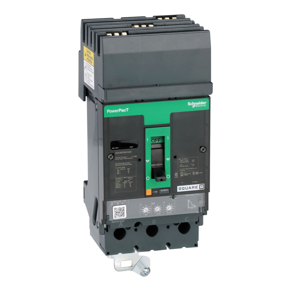 JGA36250U33X – Circuit breaker, PowerPacT J, 250A, 3 pole, 600VAC, 18kA, I-Line, Micrologic 3.2S, 80%, ABC