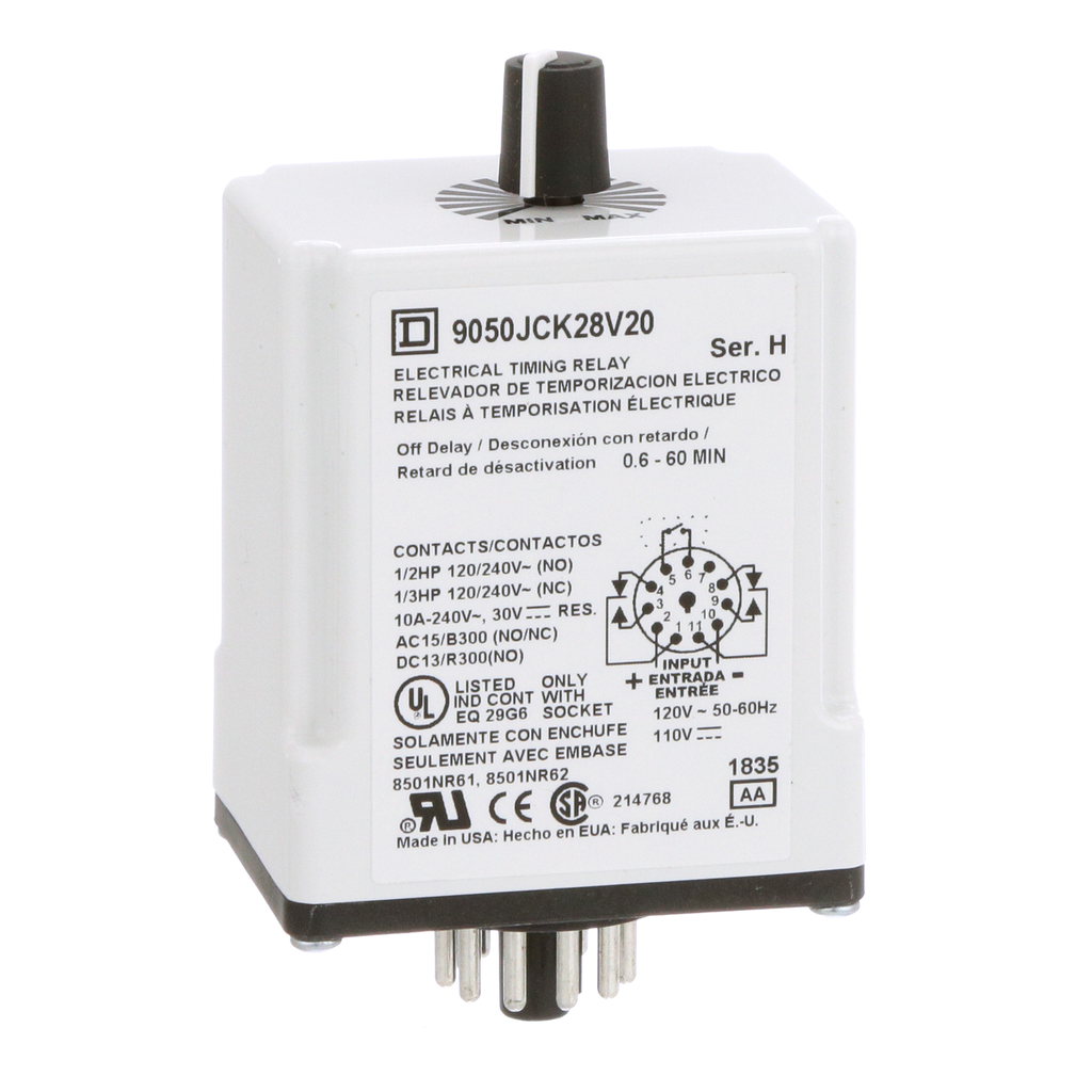 9050JCK28V20 – Timing Relay, Type JCK, plug In, off delay, adjustable time, 0.6 to 60 minutes, 10A, 240 VAC, 120 VAC/110 VDC