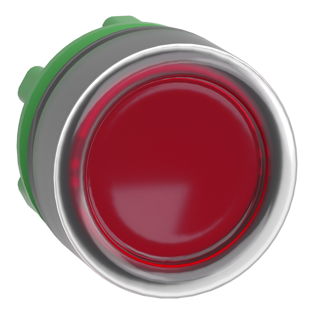 ZB5AW543 – Head for illuminated push button, Harmony XB5, red flush, 22mm, universal LED, spring return, clear boot, unmarked