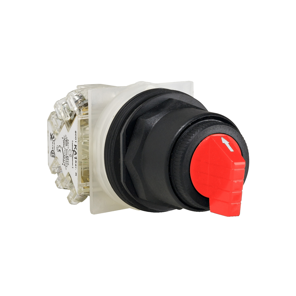 Mayer-DDS-Illuminated selector switch, Harmony 9001SK, plastic, standard handle, red, 30mm, 3 positions, stay put, 24-28V, 2 C/O-1