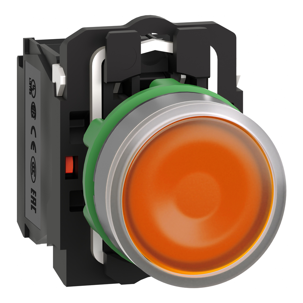 XB5AW35B5C0 – Illuminated push button, Harmony XB5, grey bezel, orange flush, 22mm, universal LED, spring return, 1NO   1NC, 24V AC