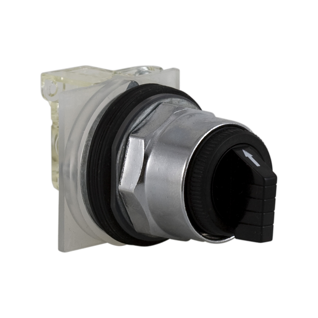 9001KS43BH1 – Selector switch, Harmony 9001K, metal, black, standard handle, 30mm, 3 positions, stay put, 1 changeover