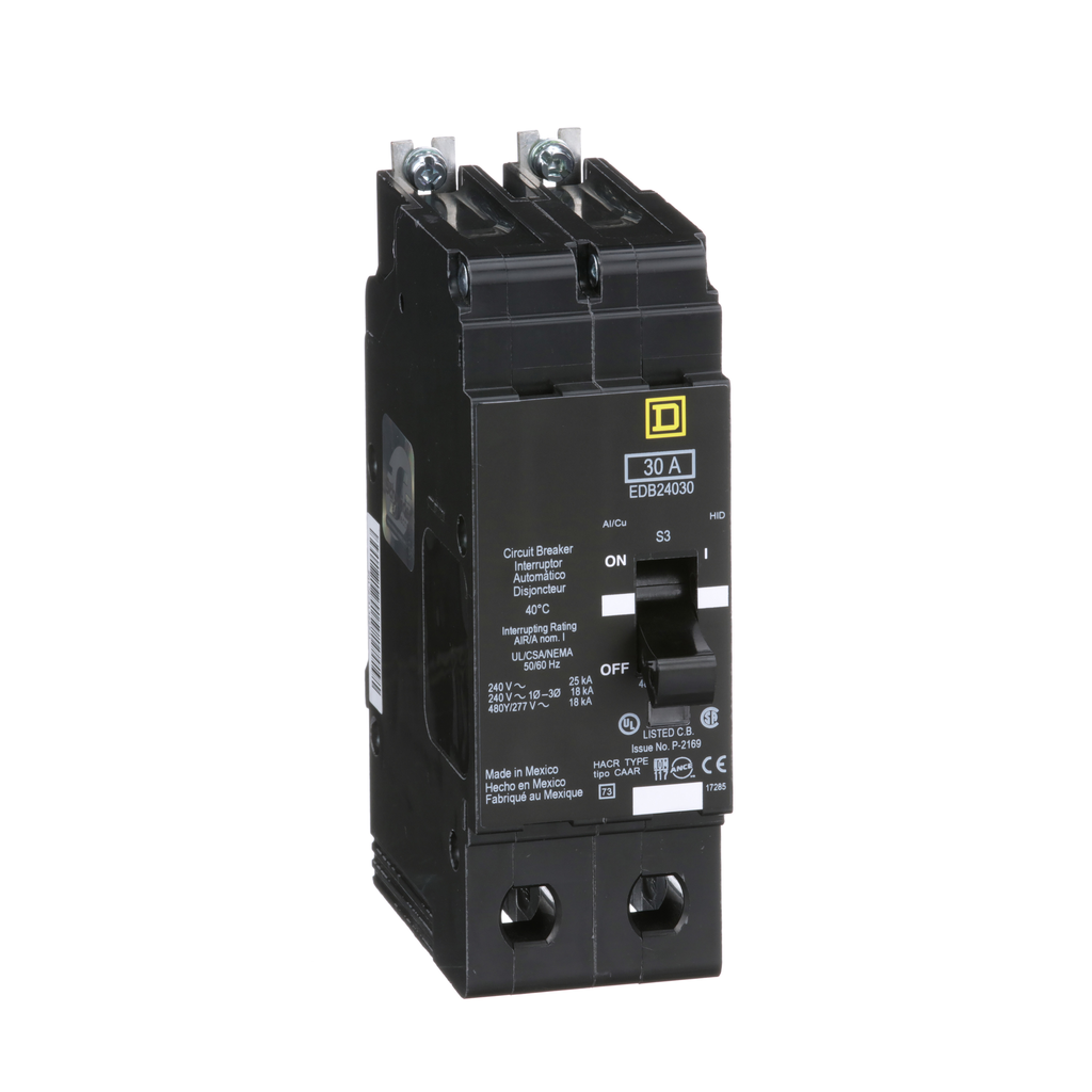 EDB24030 – Mini circuit breaker, E-Frame, 30A, 2 pole, 480Y/277VAC, 25kA max, bolt on