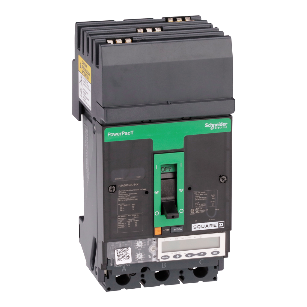 HJA36150U44X – Circuit breaker, PowerPacT H, 150A, 3 pole, 600VAC, 25kA, I-Line, Micrologic 6.2A, 80%, ABC