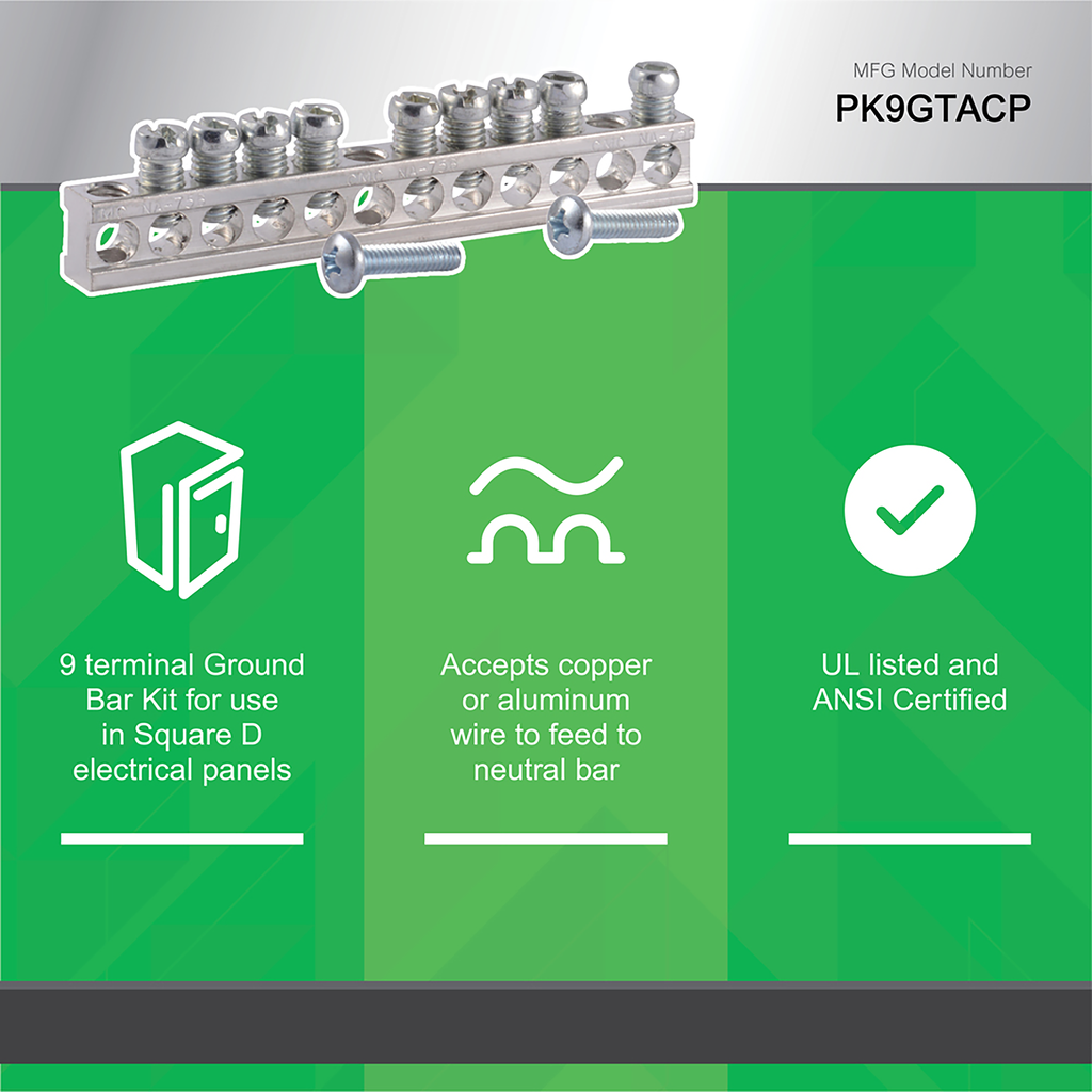 Square D PK9GTA 12Terminal Load Center Ground Bar Kit, 225A Max, 3.78