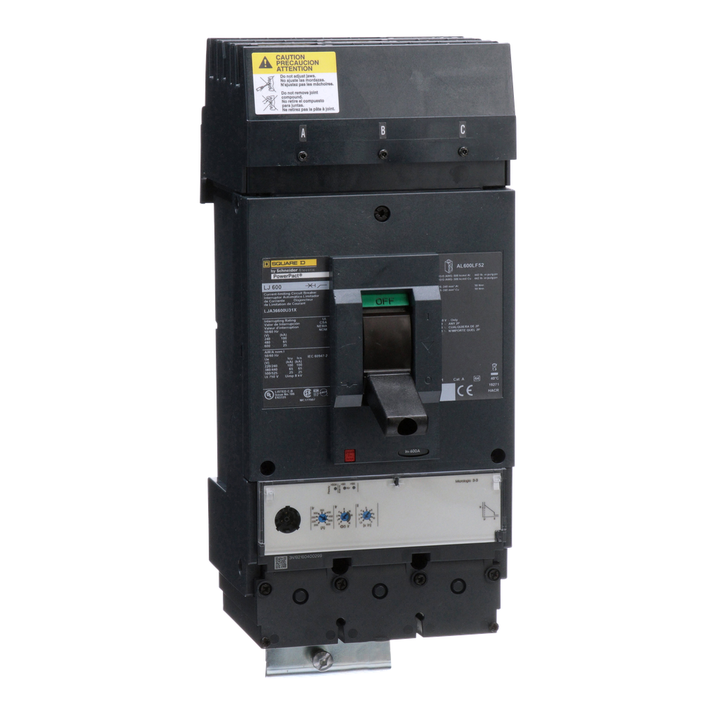 LJA36600U31X – Circuit breaker, PowerPacT L, 600A, 3 pole, 600VAC, 25kA, I-Line, MicroLogic 3.3, 80%, ABC