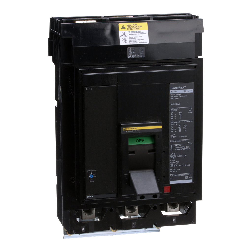 MJA36500 – Circuit breaker, PowerPacT M, 500A, 3 pole, 600VAC, 25kA, I-Line, ET 1.0, 80%, ABC