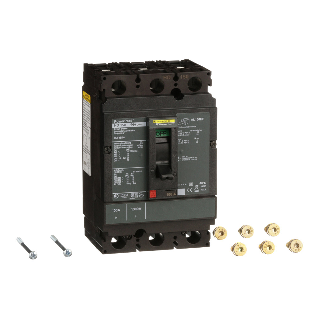 HDF36100 – Circuit breaker, PowerPacT H, 100A, 3 pole, 600VAC, 14kA, busbar, thermal magnetic, 80%