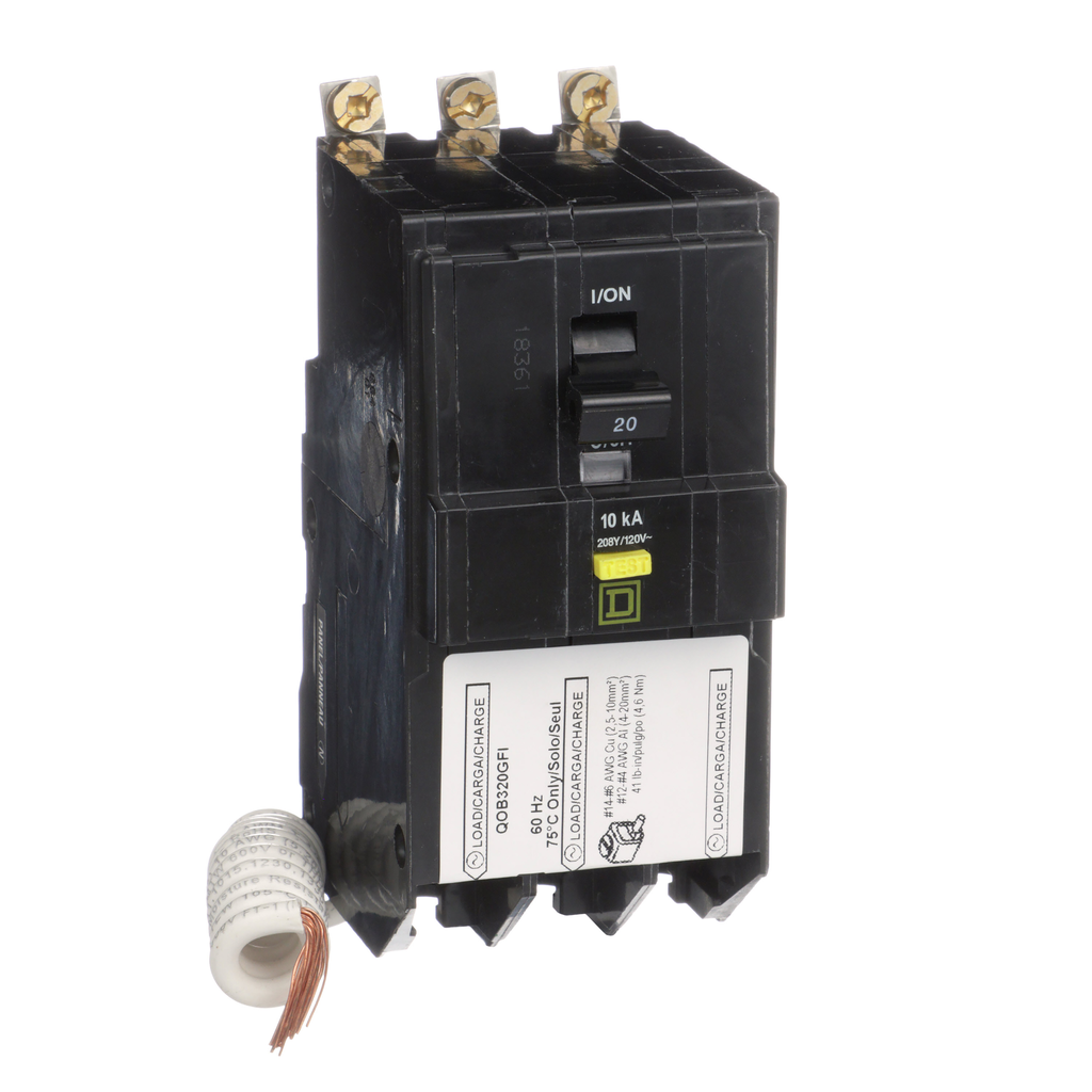 QOB320GFI – Mini circuit breaker, QO, 20A, 3 pole, 208Y/120VAC, 10kA, bolt on, 6mA grd fault A, pigtail