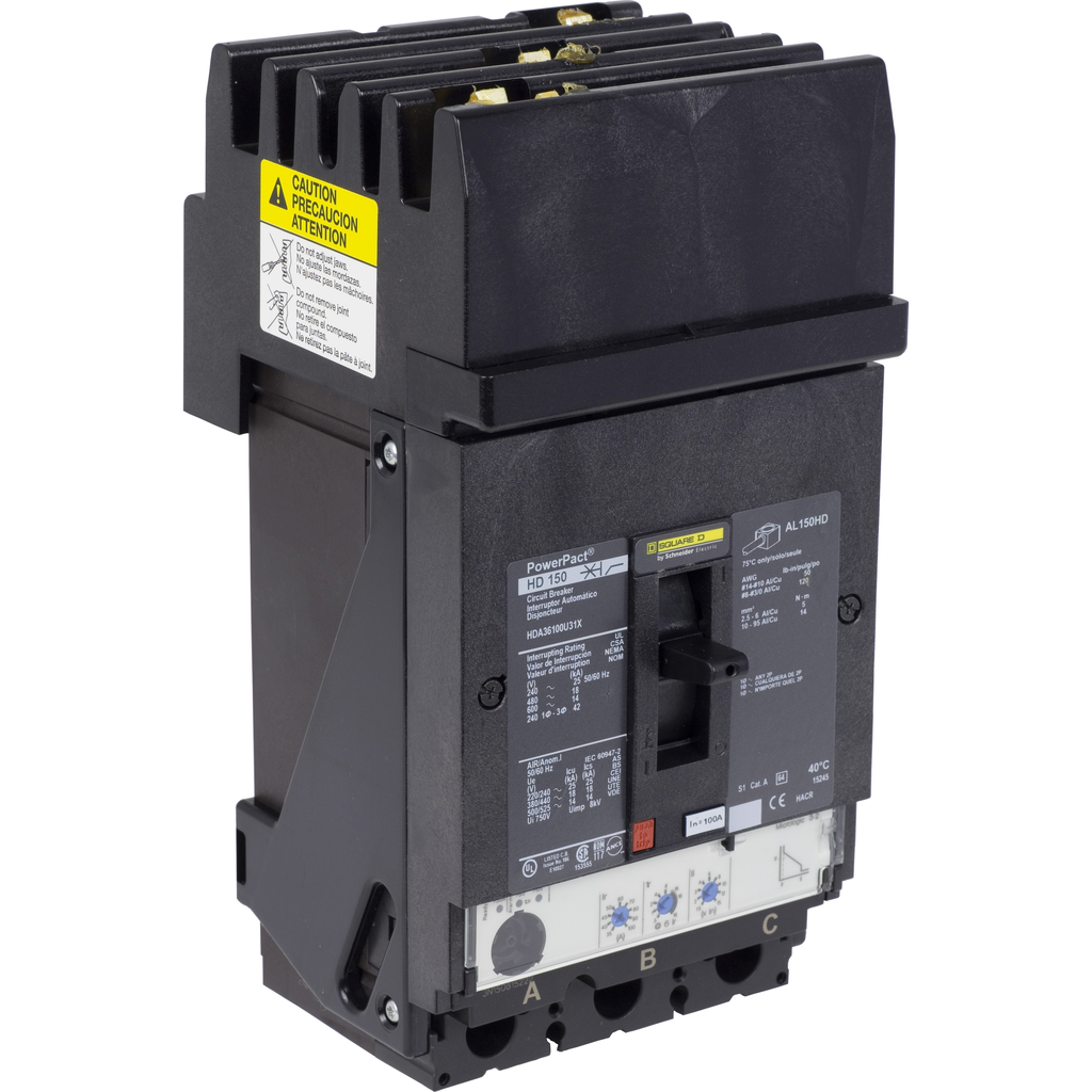 HDA36100U44X – Circuit breaker, PowerPacT H, 100A, 3 pole, 600VAC, 14kA, I-Line, Micrologic 6.2A, 80%, ABC