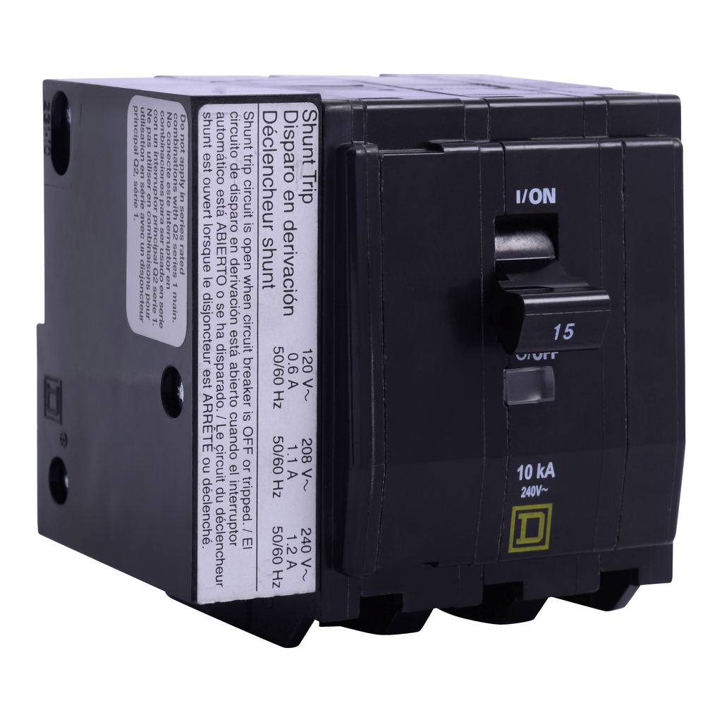 QHB3151021 – Mini circuit breaker, QO, 15A, 3 pole, 120/240VAC, 65kA, bolt on, AC shunt