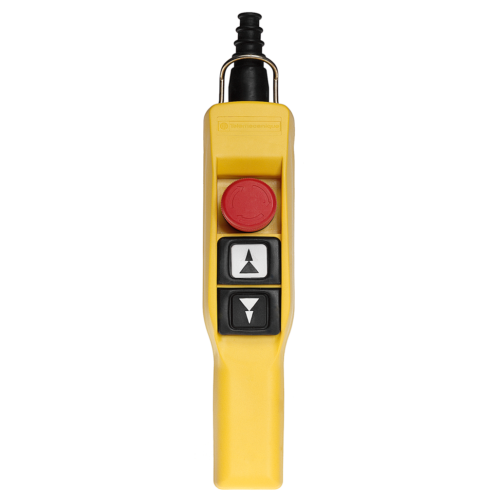 XACA2173 – Pendant control station, Harmony XAC, plastic, yellow, pistol grip, 2 booted push buttons with 2NO, 1 emergency stop NC
