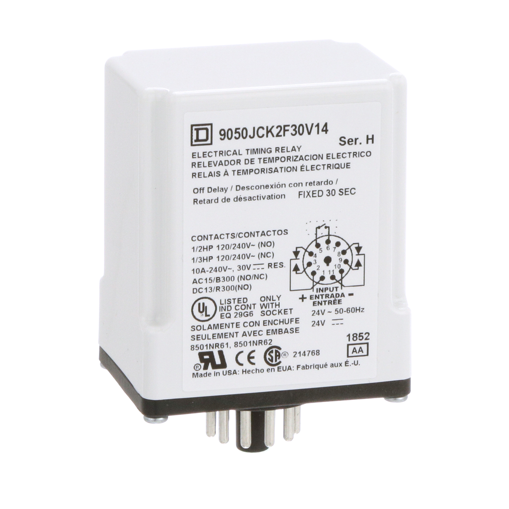 9050JCK2F30V14 – Timing Relay, Type JCK, plug In, off delay, fixed time, 30 seconds, 10A, 240 VAC, 24 VAC/DC