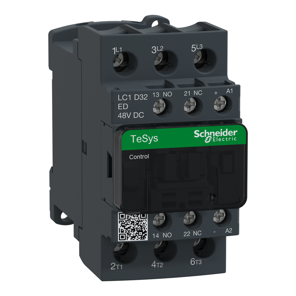LC1D32ED – IEC contactor, TeSys Deca, nonreversing, 32A, 20HP at 480VAC, up to 100kA SCCR, 3 phase, 3 NO, 48VDC coil, open style