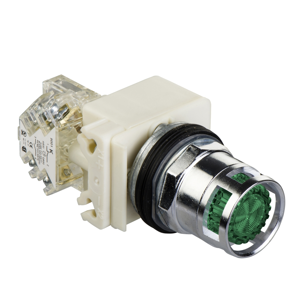 Mayer-DDS-Illuminated push-button, Harmony 9001K, metal, metal guard flush, green, 30mm, spring return, 24-28V, 1 NO-1
