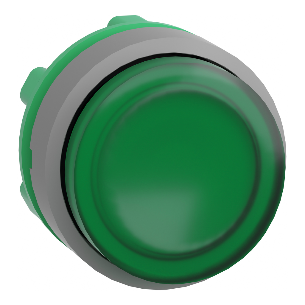 ZB5AW133C0 – Head for illuminated push button, Harmony XB5, grey bezel, green projecting, 22mm, universal LED, spring return, plain lens