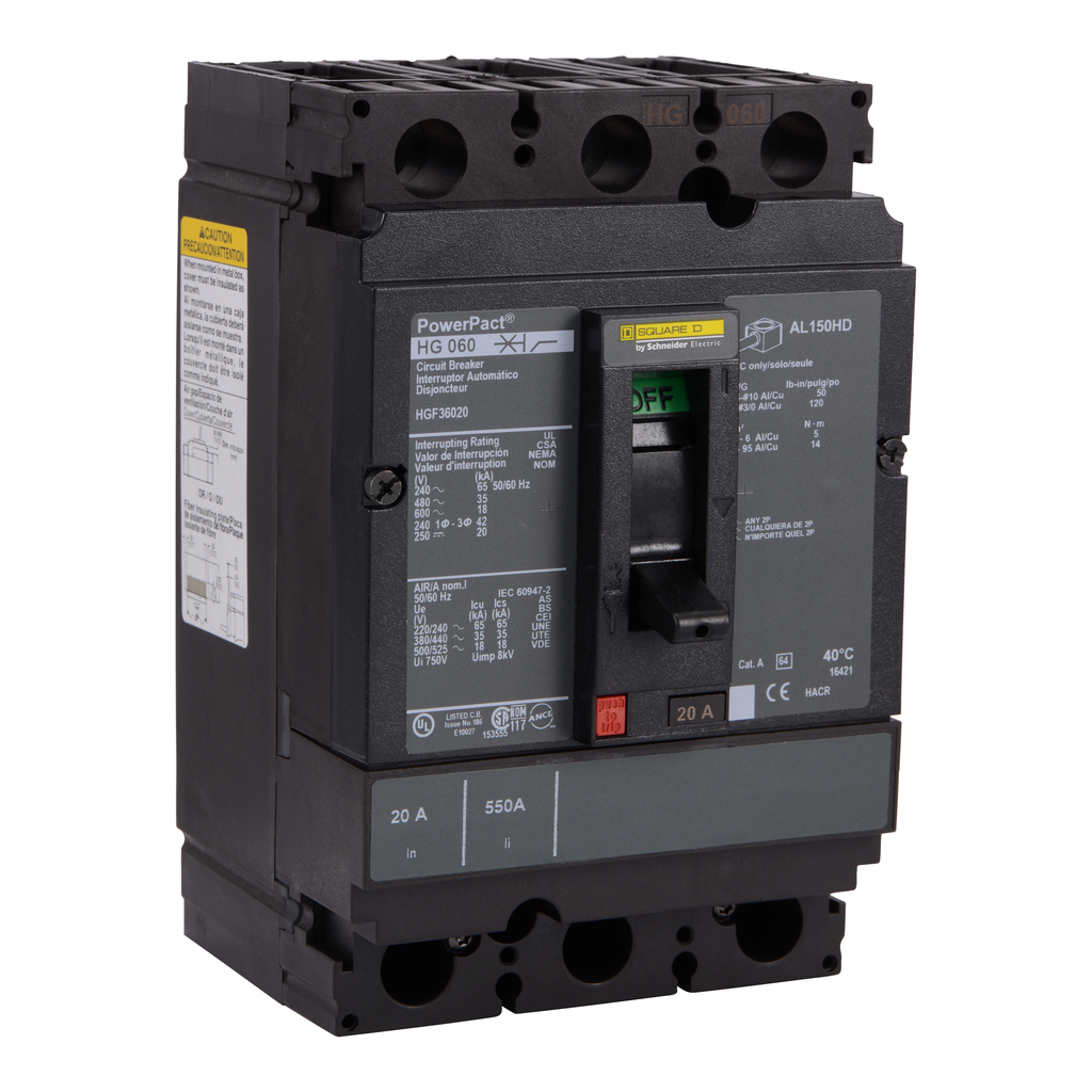 HGF36070 – Circuit breaker, PowerPacT H, 70A, 3 pole, 600VAC, 18kA, busbar, thermal magnetic, 80%