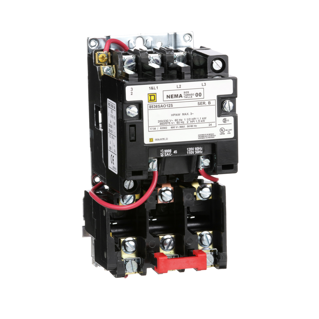 8536SAO12V02S – NEMA motor starter, Type S, nonreversing, Size 00, 9A, 2HP at 460VAC, 5kA SCCR, 3 phase, 3 pole, melting alloy, 120VAC coil, open