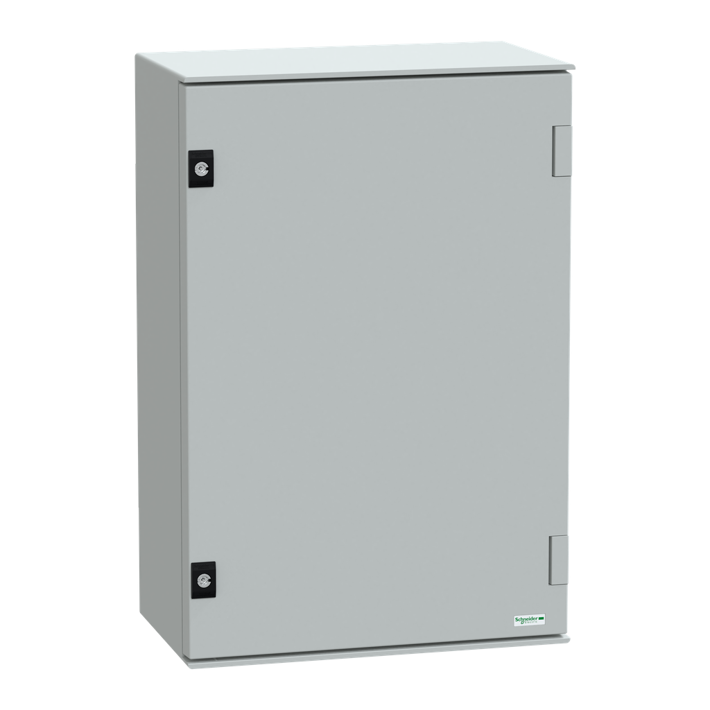 NSYPLM64PG – Wall mounted polyester enclosure, Thalassa PLM, plain door, with metallic plate, 647x436x250mm, IP66, IK10, RAL 7035