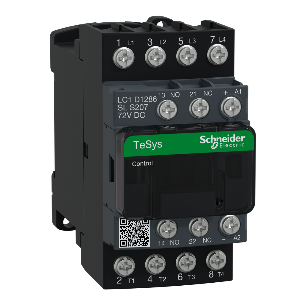 LC1D1286SLS207 – IEC contactor, TeSys D, nonreversing, 25A resistive, 4 pole, 2 NO and 2 NC, low consumption 72VDC coil, open style