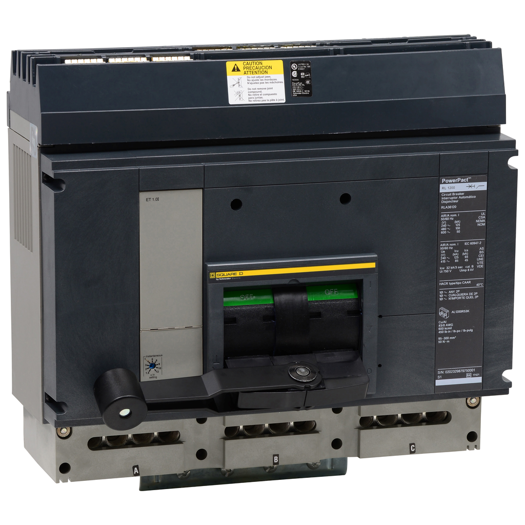 RGA36120CU31A – Circuit breaker, PowerPacT R, 1200A, 3 pole, 600VAC, 18kA, I-Line, Micrologic 3.0, 100%