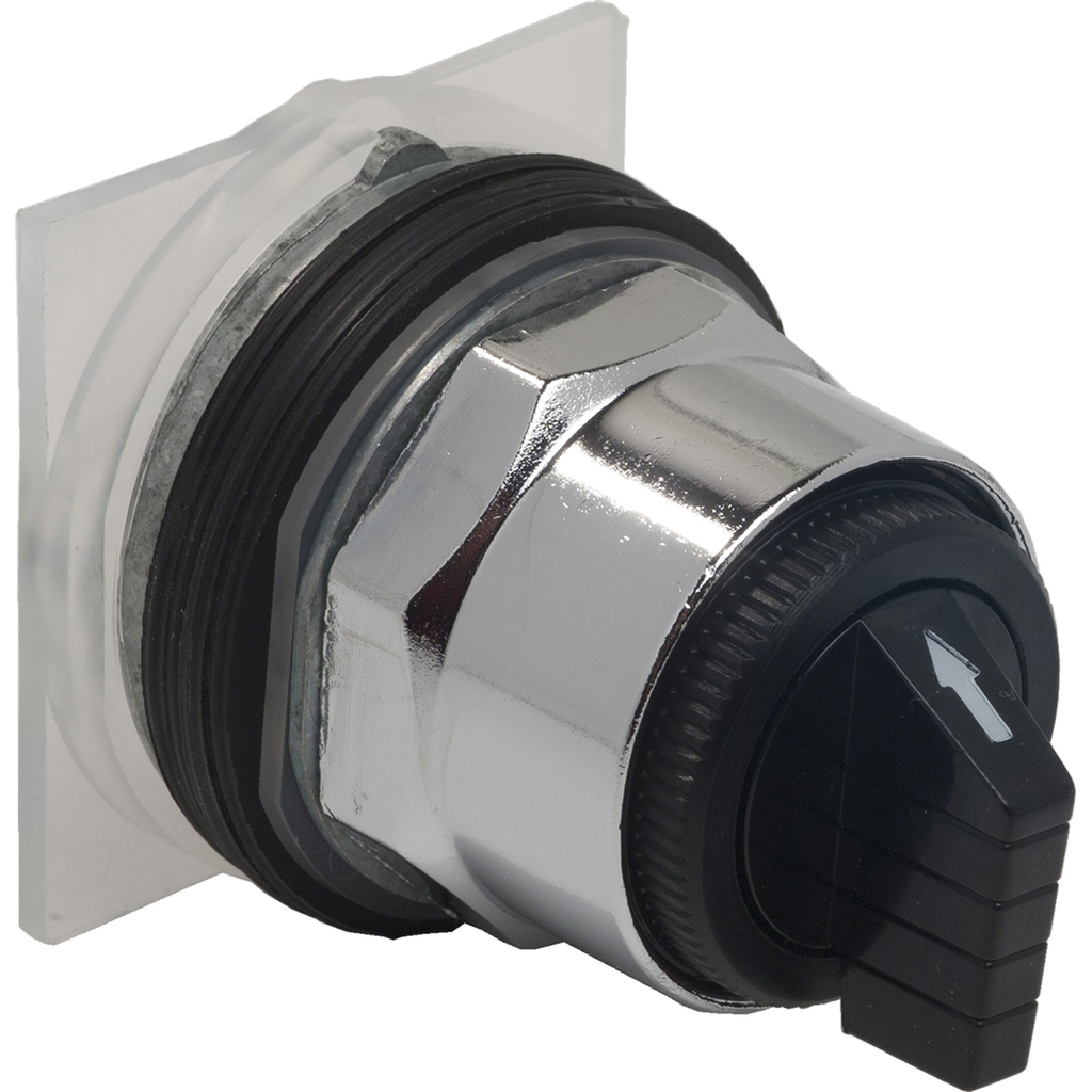 Mayer-DDS-30mm push button, Type K, 3 position selector switch, 6A inductive at 120VAC, 2NO/2NC contacts, black knob, NEMA 4, 13-1