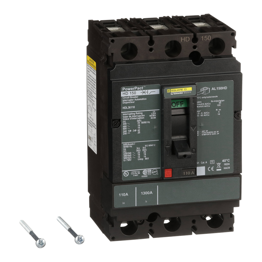 HDL36110 – Circuit breaker, PowerPacT H, 110A, 3 pole, 600VAC, 14kA, lugs, thermal magnetic, 80%