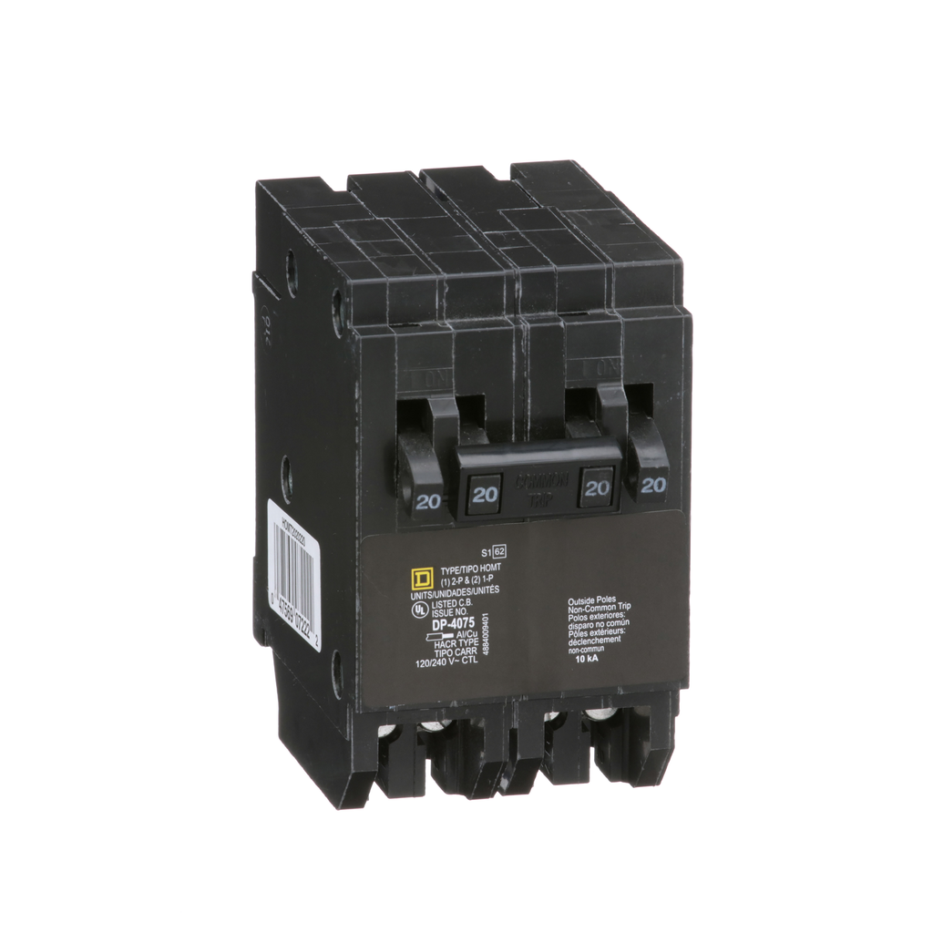 HOMT2020220CP – Tandem circuit breaker, Homeline, 2 x 1 pole at 20A, 1 x 2 pole at 20A, 120/240VAC, 10kA AIR, plug in, UL