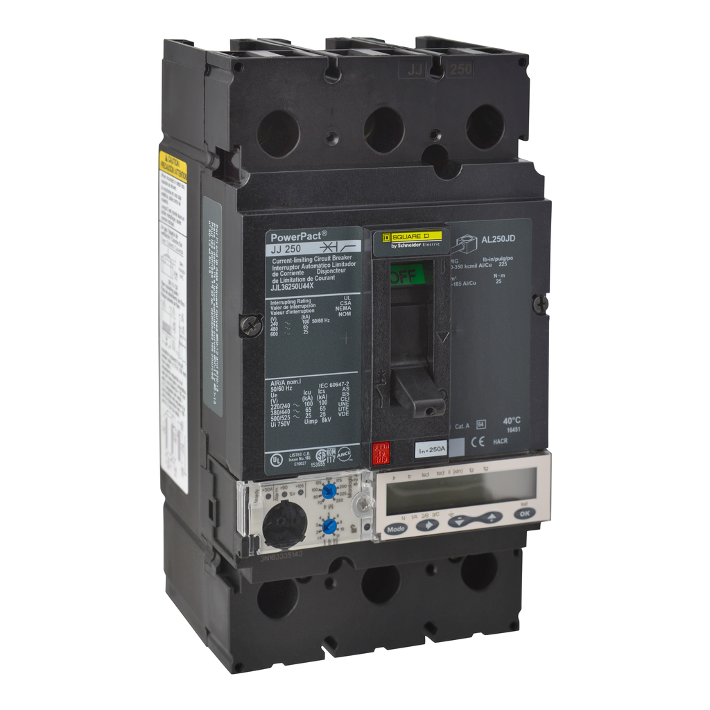 JJL36250U44X – Circuit breaker, PowerPacT J, 250A, 3 pole, 600VAC, 25kA, lugs, Micrologic 6.2A, 80%