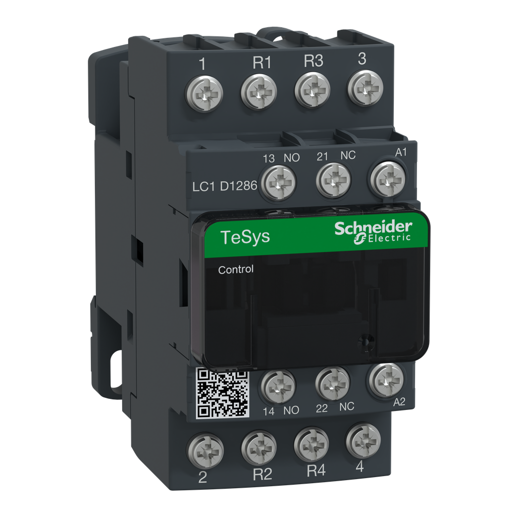 LC1D1286U7 – IEC contactor, TeSys Deca, nonreversing, 25A resistive, 4 pole, 2 NO and 2 NC, 240VAC 50/60Hz coil, open style