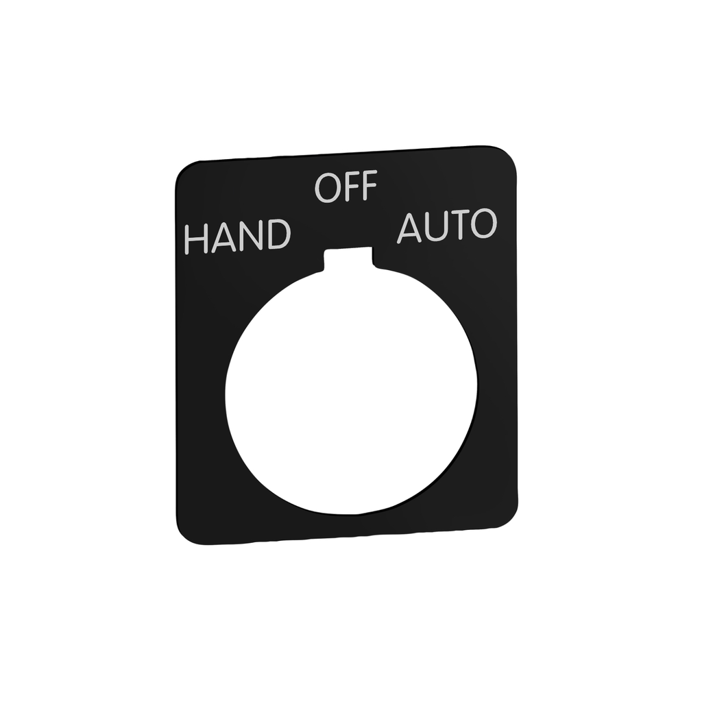 Mayer-DDS-Harmony 9001K, Harmony 9001SK, legend, 30mm, plastic, black with white letters, 44,5mm square, marking HAND-OFF-AUTO-1