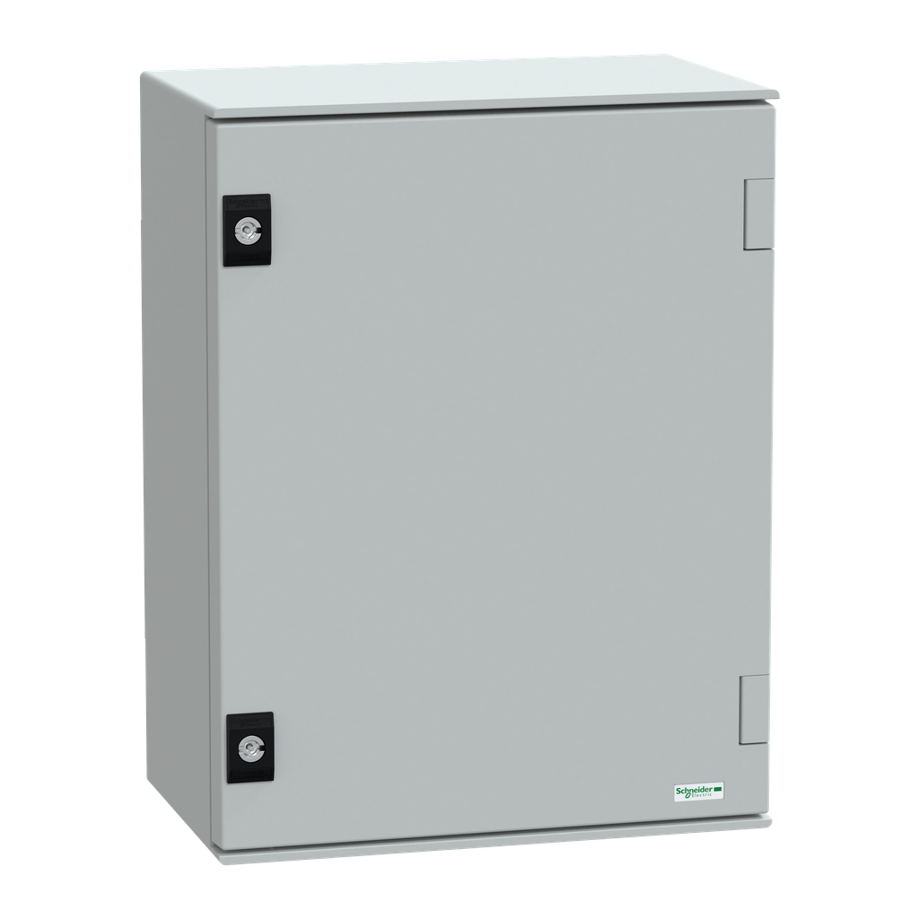 NSYPLM43PG – Wall mounted polyester enclosure, Thalassa PLM, plain door, with metallic plate, 430x330x200mm, IP66, IK10, RAL 7035