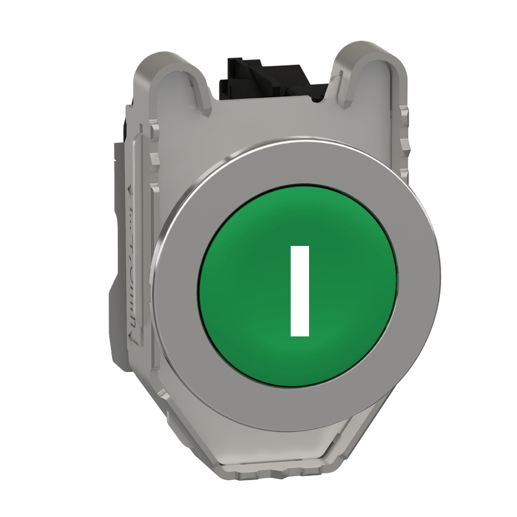XB4FA3311 – Push button flush mounted, Harmony XB4, metal, green, 30mm, spring return, marked I, 1NO