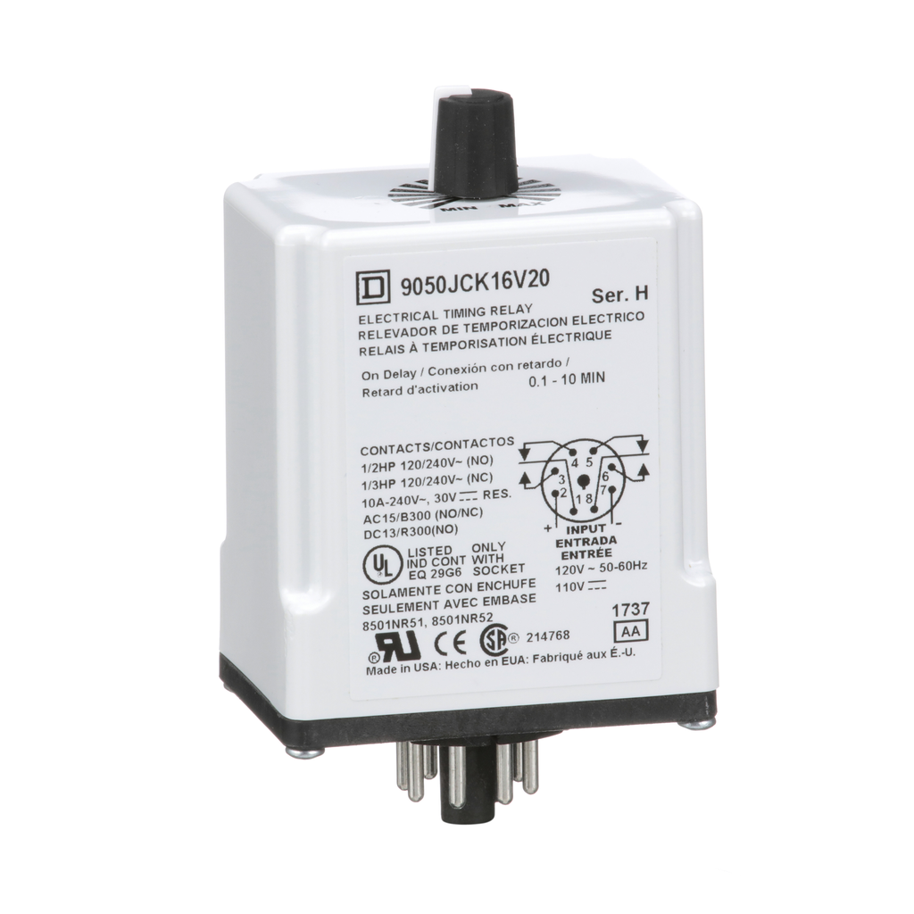 9050JCK16V20 – Timer, Harmony 9050 JCK, on delay, adjustable time, 0.1 to 10 minutes, 10A, 240V AC, 120V AC/110V DC