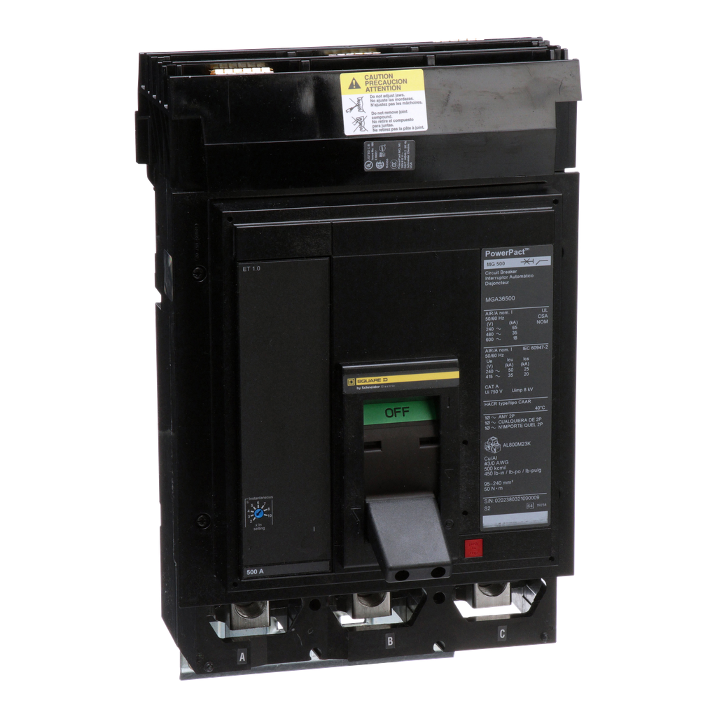 MGA36500 – Circuit breaker, PowerPacT M, 500A, 3 pole, 600VAC, 18kA, I-Line, ET 1.0, 80%, ABC