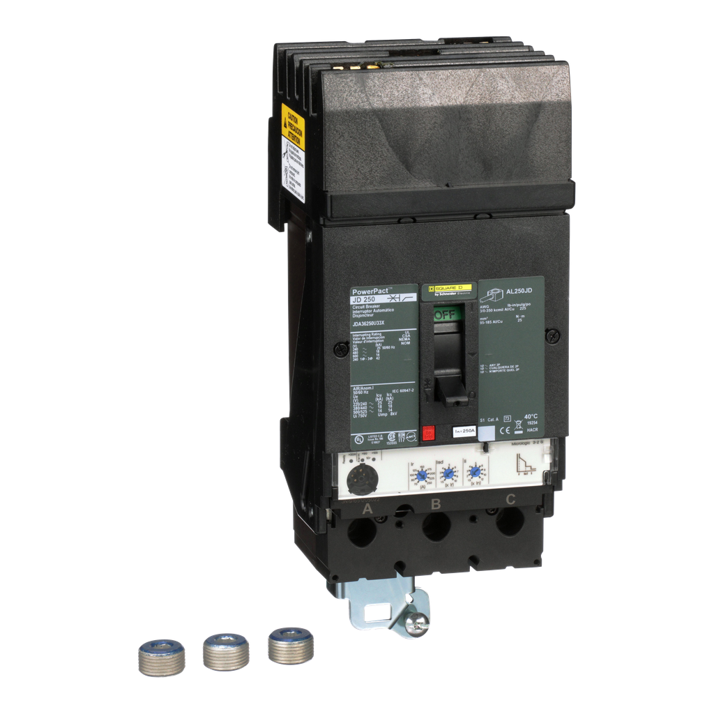 JDA36250U33X – Circuit breaker, PowerPacT J, 250A, 3 pole, 600VAC, 14kA, I-Line, Micrologic 3.2S, 80%, ABC