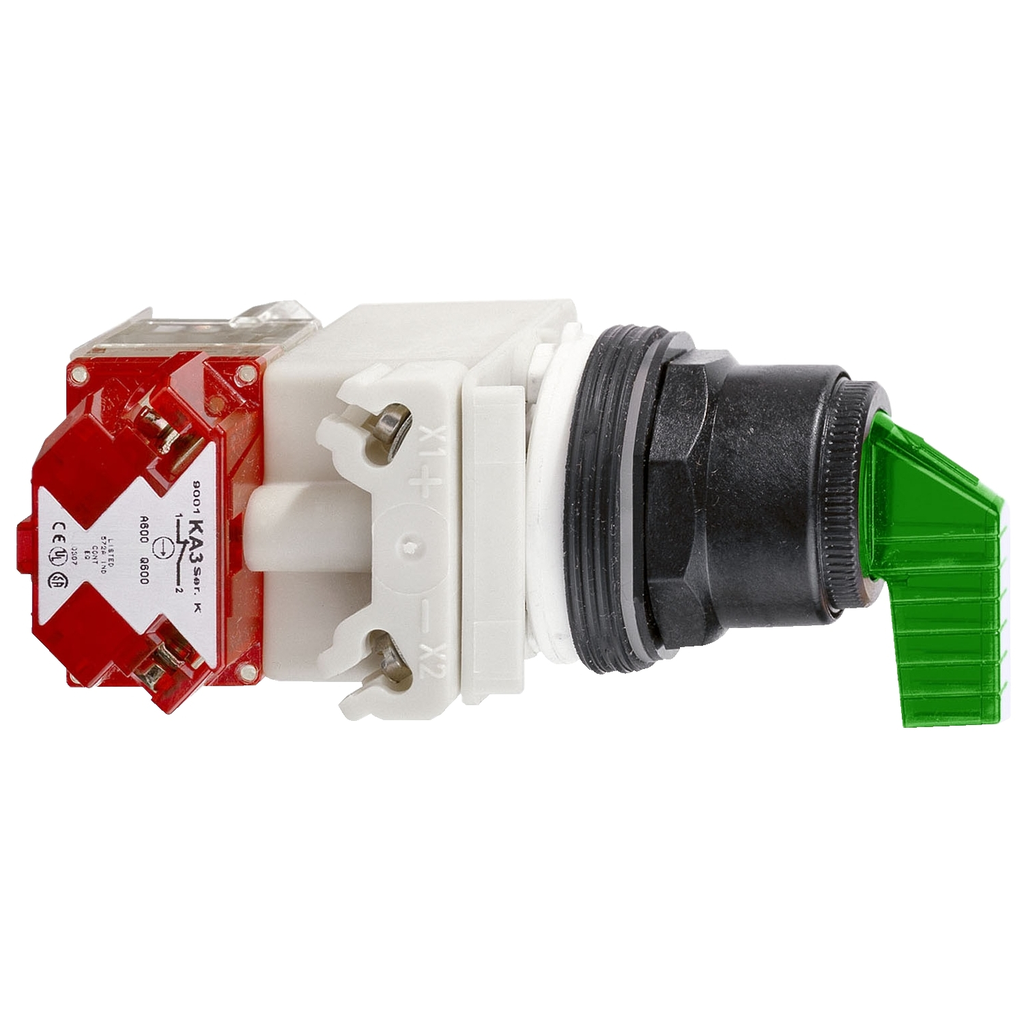 Mayer-DDS-Illuminated selector switch, Harmony 9001SK, plastic, long handle, green, 30mm, 2 positions, stay put, 120V, screw terminals for lug, 1 C/O-1