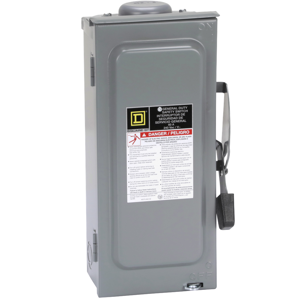 D322NRB – Safety switch, general duty, fusible, 60A, 3 pole, 15hp, 240VAC, NEMA 3R, bolt on provision, neutral factory installed