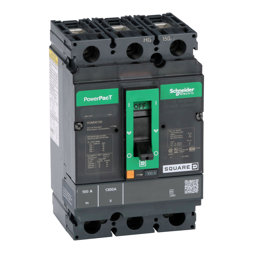 HGM36100 – Circuit breaker, PowerPacT H, 100A, 3 pole, 600VAC, 18kA, lugs, thermal magnetic, 80%