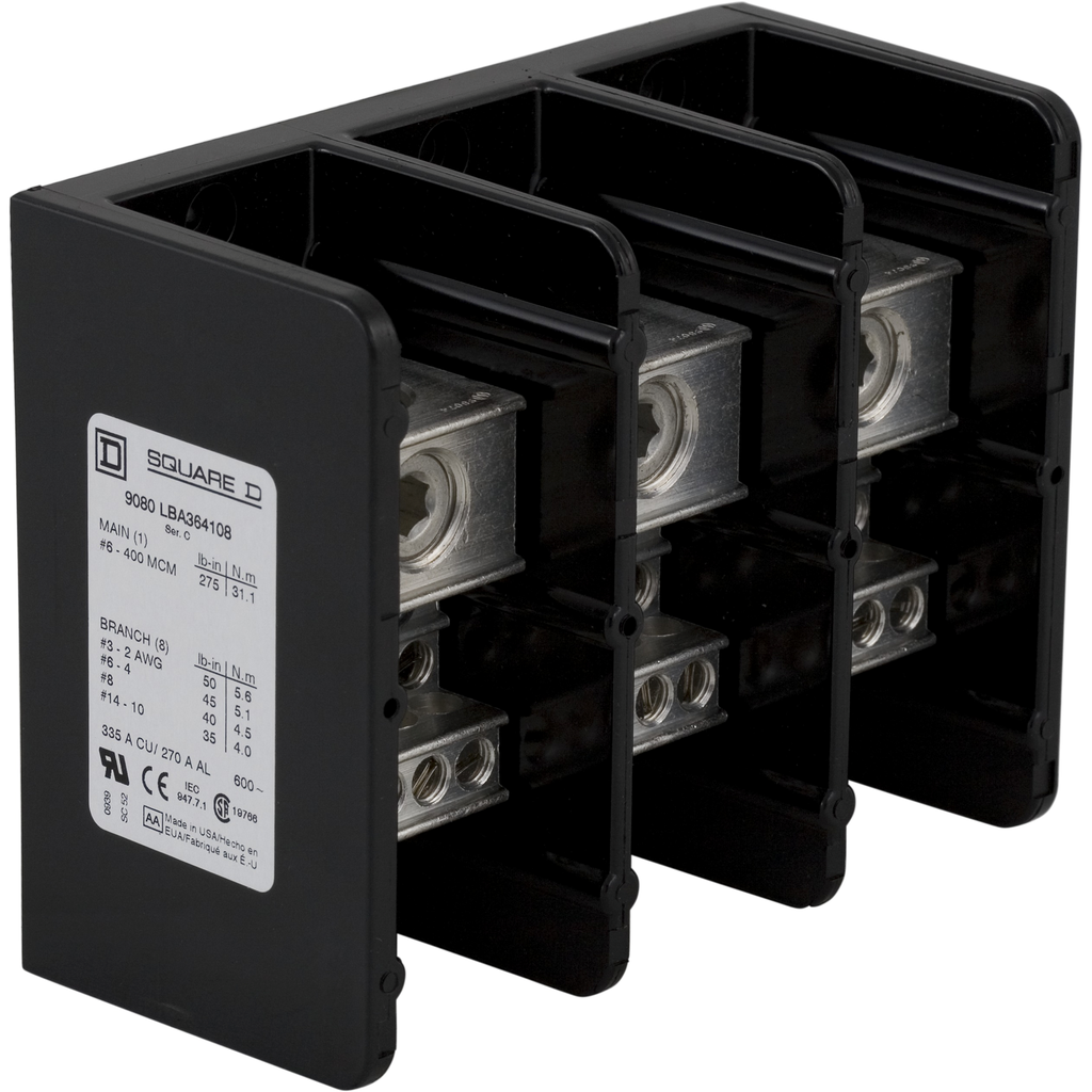 9080LBA364108 – Power distribution block, Linergy, 3 pole, 1 line, 8 load, 335A Cu, 270A Al, 600V