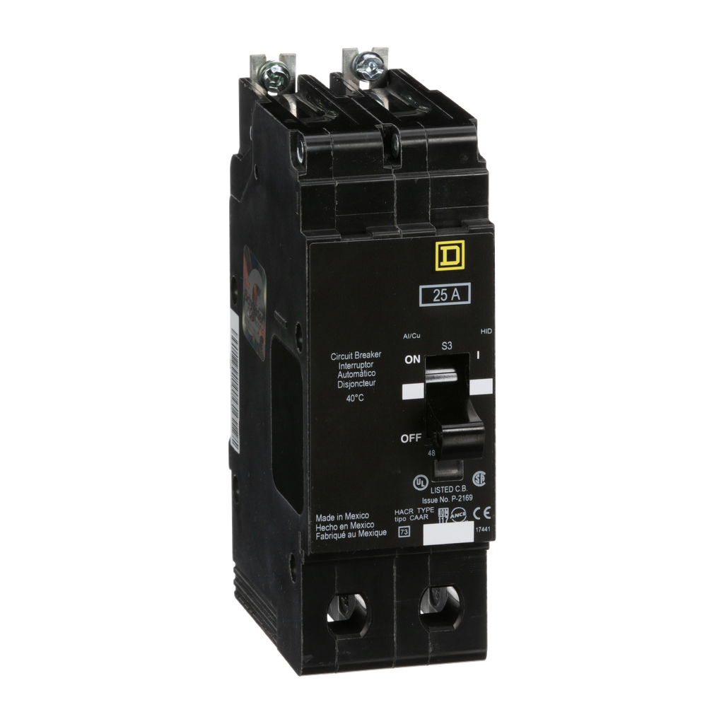 EGB24025 – Mini circuit breaker, E-Frame, 25A, 2 pole, 480Y/277VAC, 65kA max, bolt on