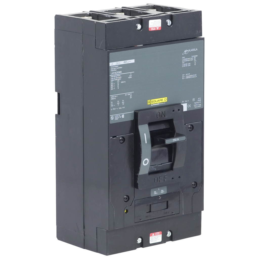 LAP36250MB – Circuit breaker, LA, 250A, 3 pole, 600VAC, 22kA, 250VDC, unit mount, thermal magnetic, short handle