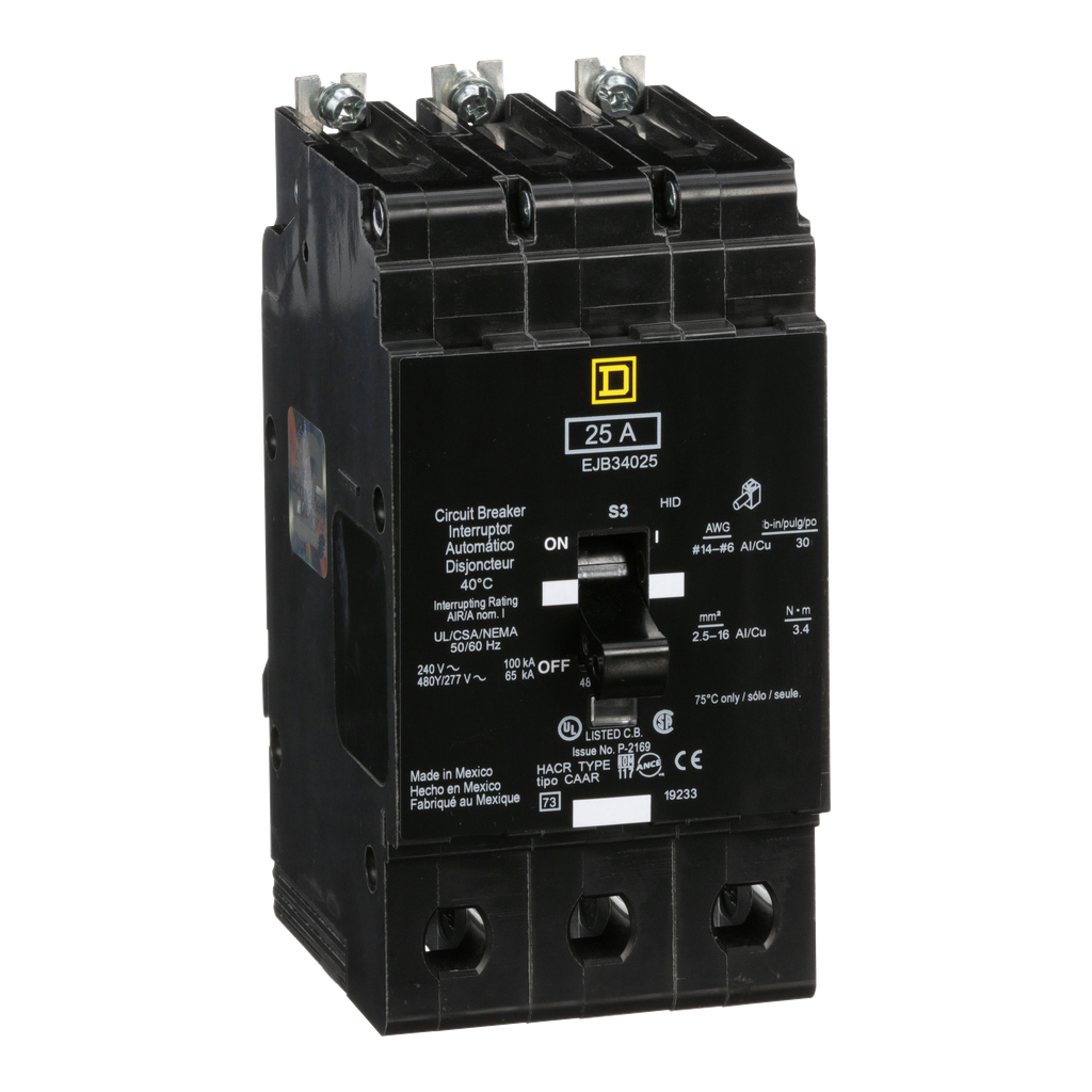 EJB34025 – Mini circuit breaker, E-Frame, 25A, 3 pole, 480Y/277VAC, 100kA max, bolt on