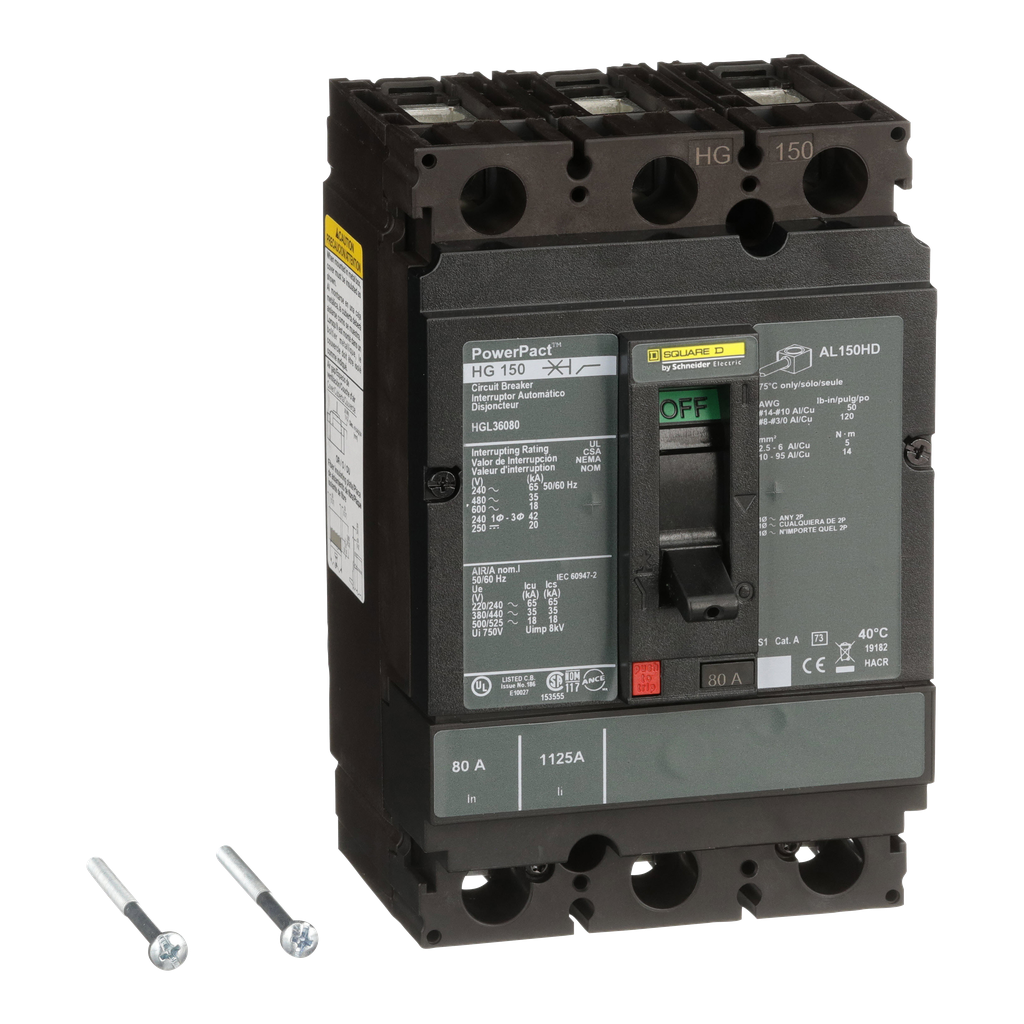 HGL36080 – Circuit breaker, PowerPacT H, 80A, 3 pole, 600VAC, 18kA, lugs, thermal magnetic, 80%