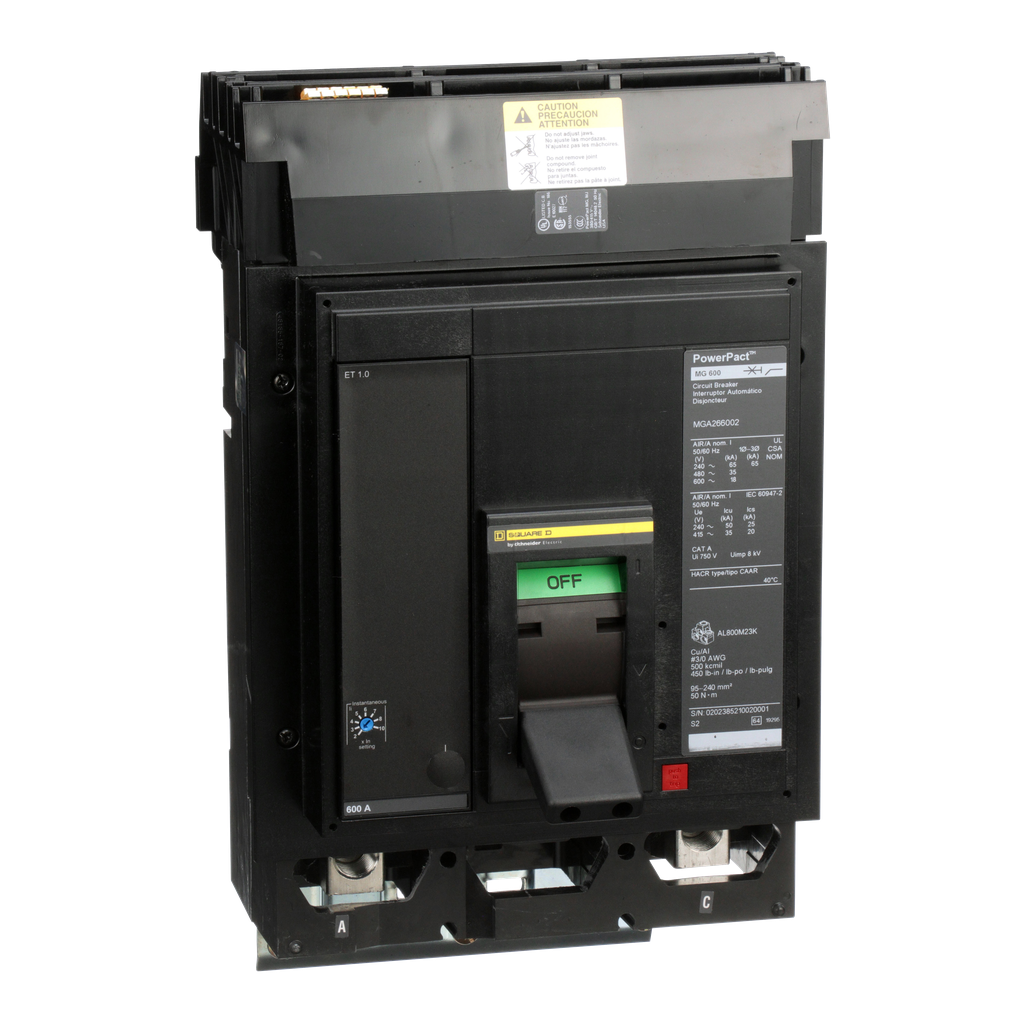 MGA266002 – Circuit breaker, PowerPacT M, 600A, 2 pole, 600VAC, 18kA, I-Line, ET 1.0, 80%, AC