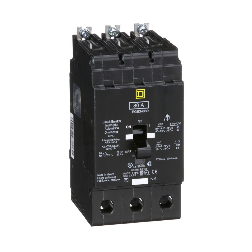 EGB34080 – Mini circuit breaker, E-Frame, 80A, 3 pole, 480Y/277VAC, 65kA max, bolt on