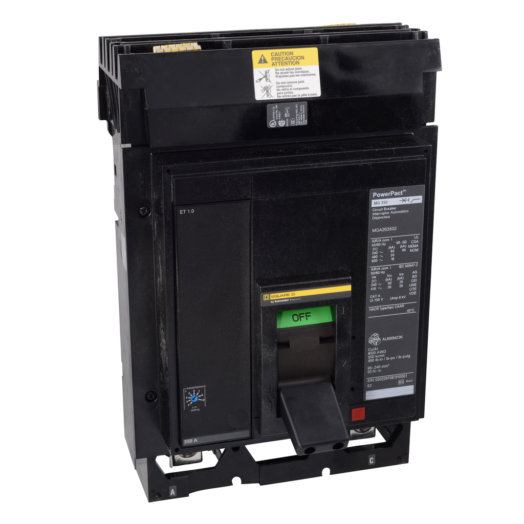 MGA36400 – Circuit breaker, PowerPacT M, 400A, 3 pole, 600VAC, 18kA, I-Line, ET 1.0, 80%, ABC