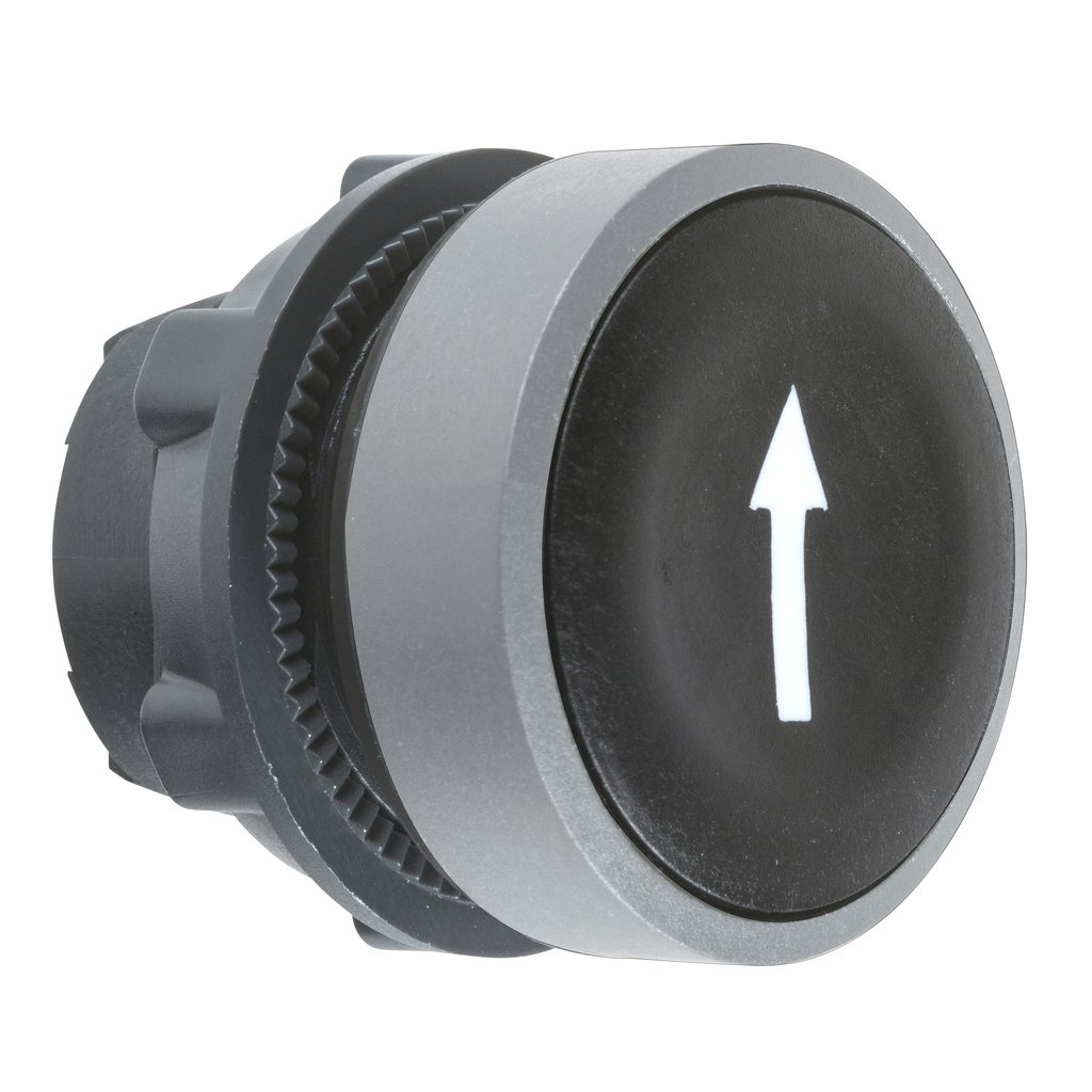 ZB5AA335C0 – Push button head, Harmony XB5, plastic, flush, black, 22mm, spring return, marked DOWN ARROW, grey bezel