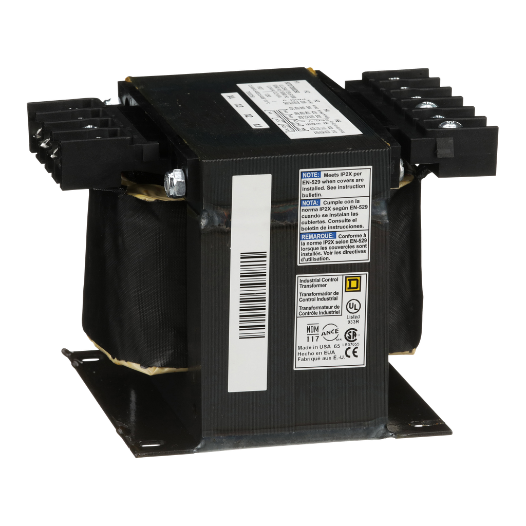 9070T300D50 – Transformer, Type T, industrial control, 300VA, 1 phase, 240/416/480/600V primary, 99/120/130V secondary, 80C rise
